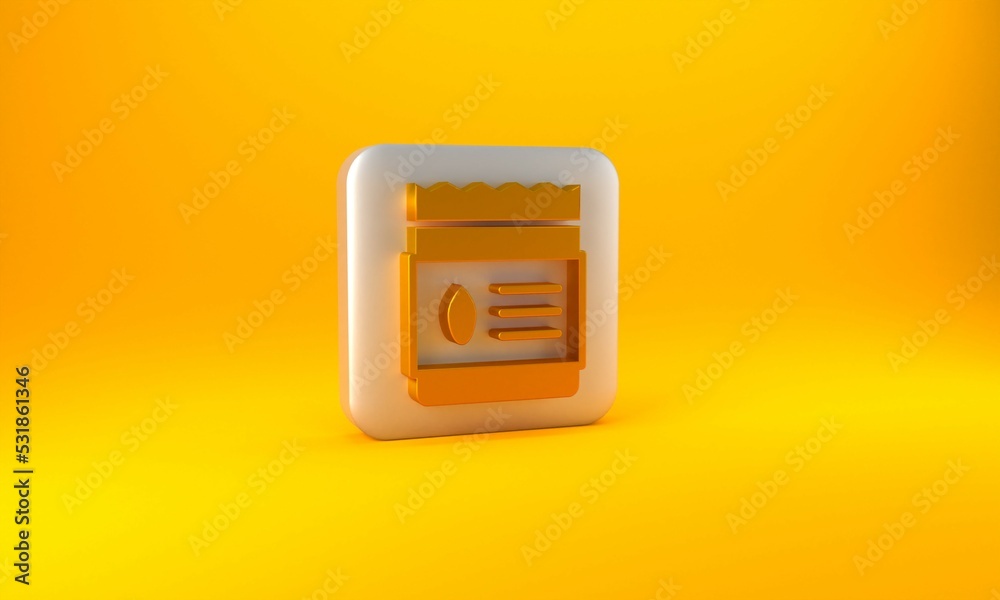 Gold Pack full of seeds of a specific plant icon isolated on yellow background. Silver square button