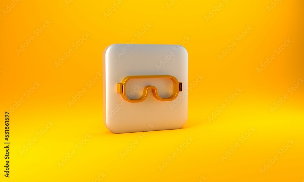 Gold Ski goggles icon isolated on yellow background. Extreme sport. Sport equipment. Silver square b