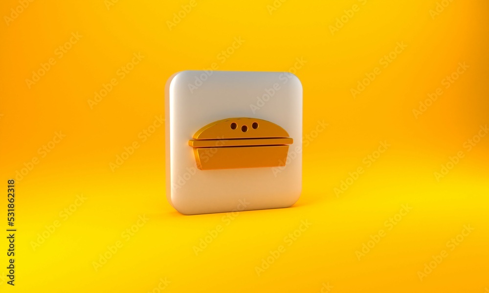 黄色背景上隔离的金色自制馅饼图标。银色方形按钮。3D渲染图