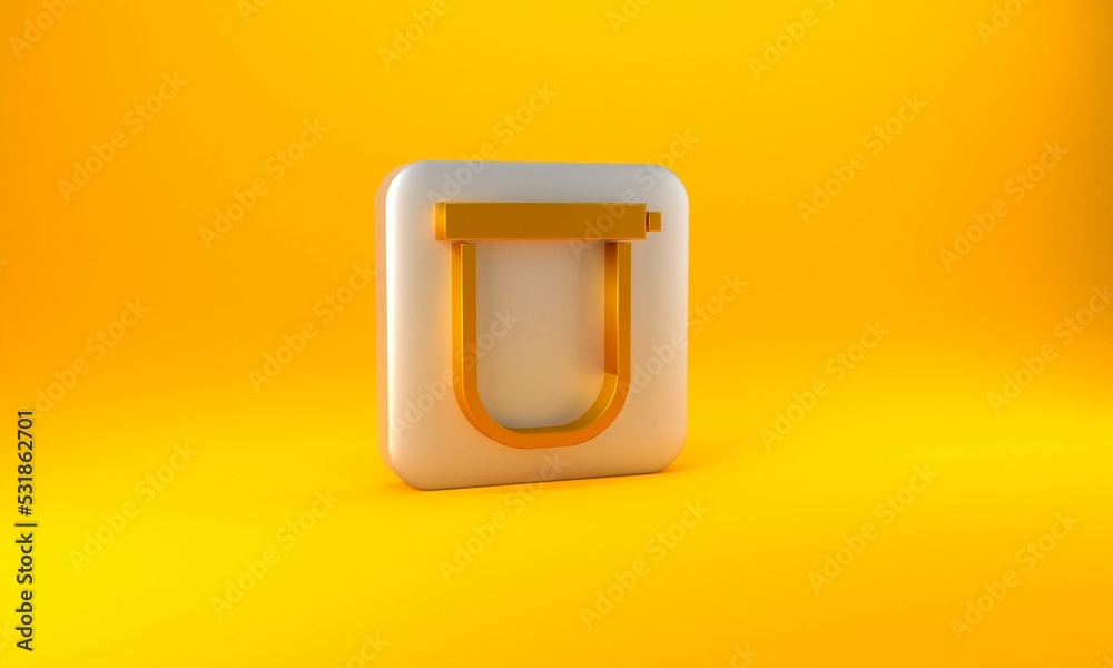 金色自行车锁U形工业图标，黄色背景隔离。银色方形按钮。3D r