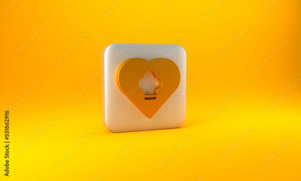 黄色背景上隔离的金色厨师帽图标。烹饪符号。厨师帽。银色方形按钮。3