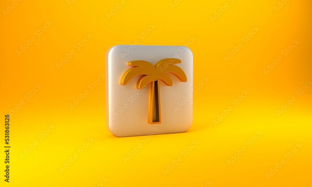 黄色背景上的金色热带棕榈树图标。椰子树。银色方形按钮。