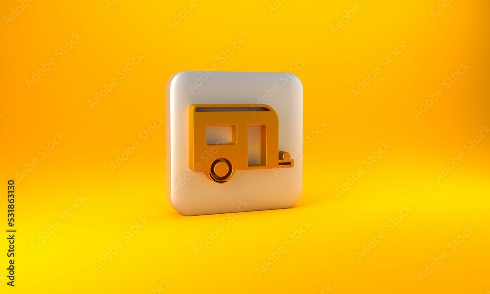 黄色背景上隔离的金色Rv露营拖车图标。旅行移动房屋、房车、家庭露营车