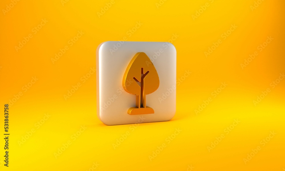 黄色背景上隔离的金树图标。森林符号。银色方形按钮。3D渲染插图