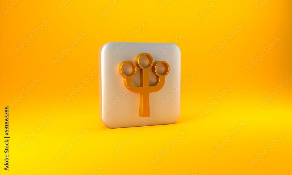 金色花朵树枝，黄色背景上有花朵图标。银色方形按钮。3D r