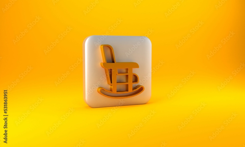 黄色背景上隔离的金色摇椅图标。银色方形按钮。3D渲染图