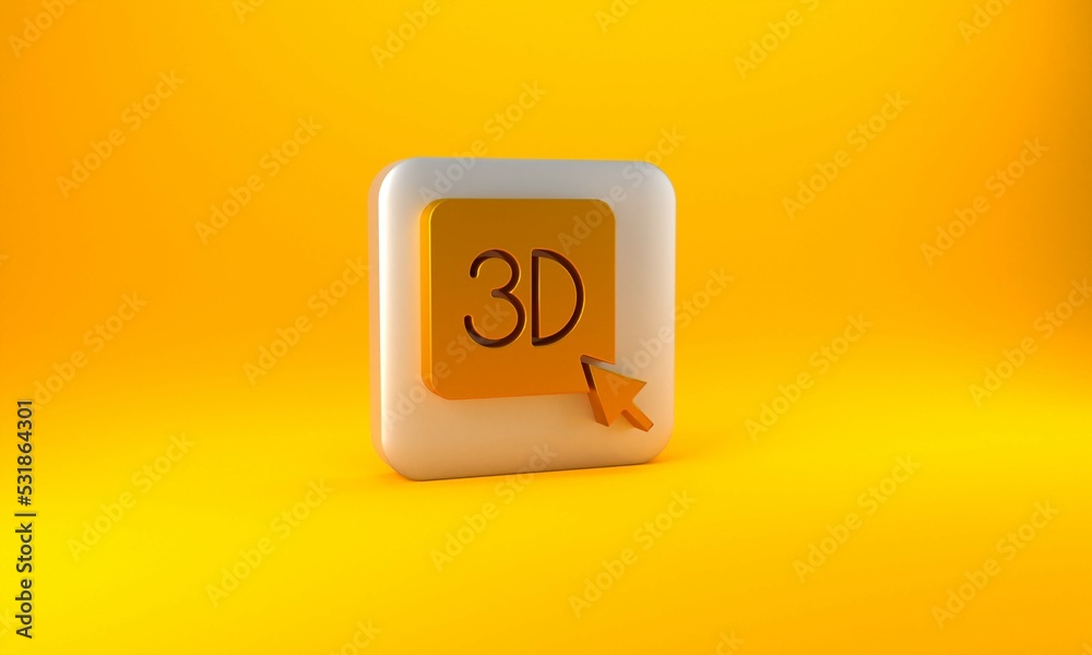 黄色背景上隔离的金色3D打印机图标。3D打印。银色方形按钮。3D渲染不良
