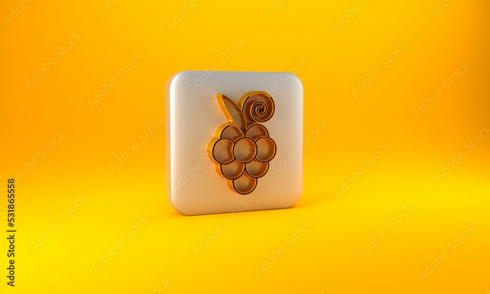 黄色背景上的金色葡萄果实图标。银色方形按钮。3D渲染插图