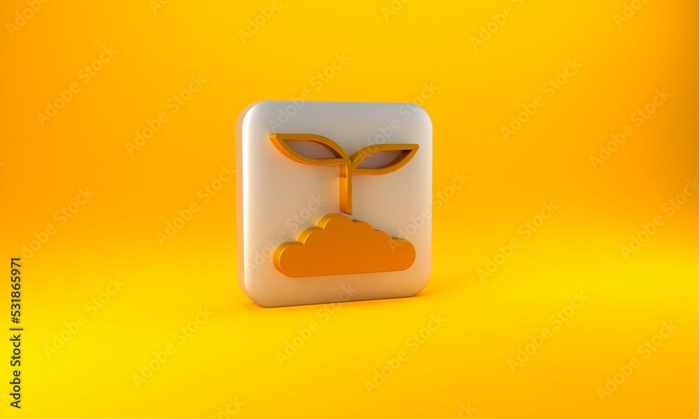 Gold Tea leaf icon isolated on yellow background. Tea leaves. Silver square button. 3D render illust