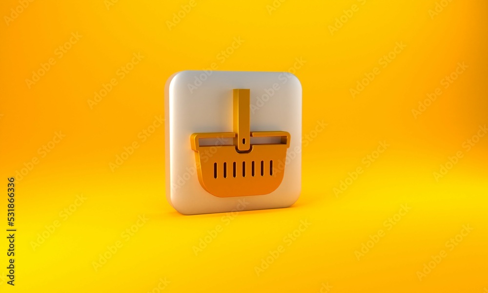 Gold Picnic basket icon isolated on yellow background. Silver square button. 3D render illustration