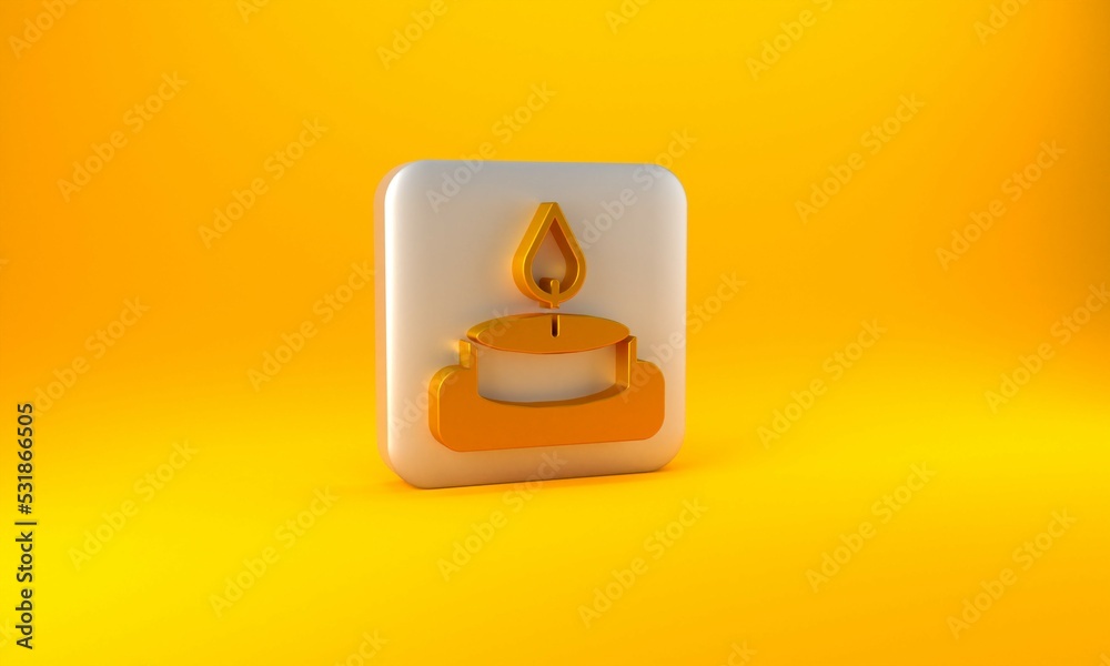 Gold Aroma candle icon isolated on yellow background. Silver square button. 3D render illustration