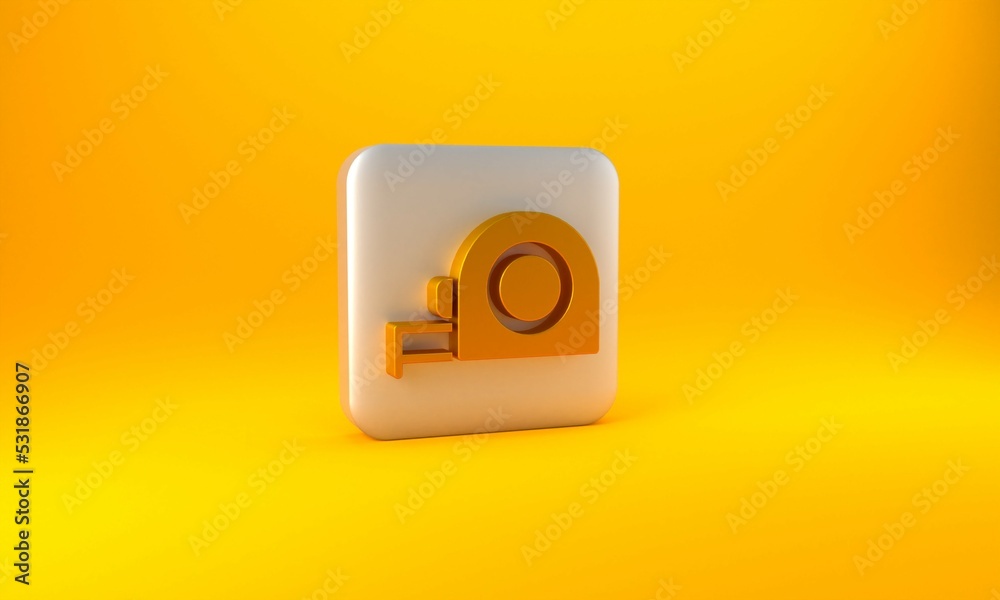 Gold Roulette construction icon isolated on yellow background. Tape measure symbol. Silver square bu