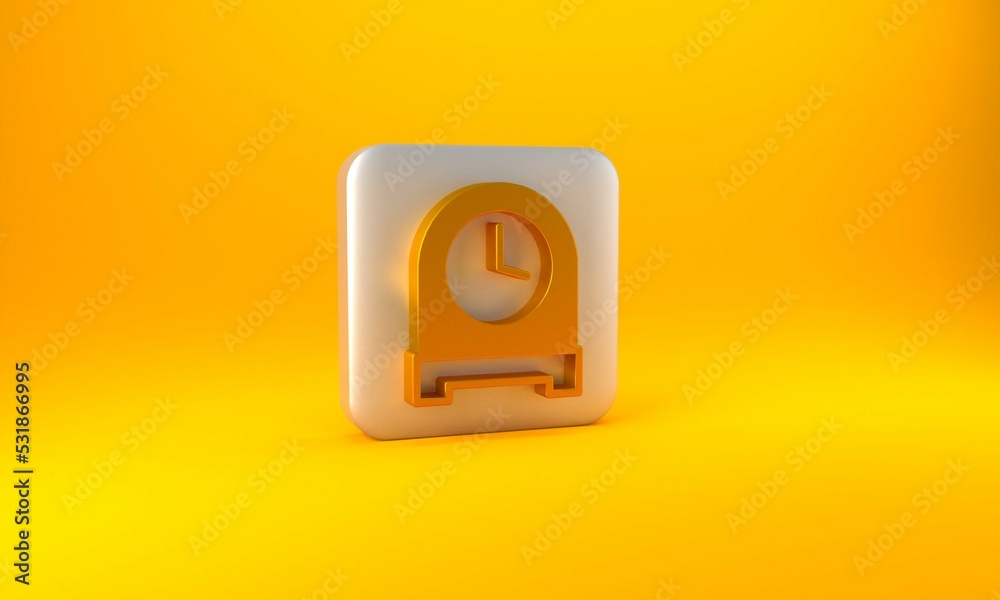 黄色背景上隔离的金色古董时钟图标。银色方形按钮。3D渲染图