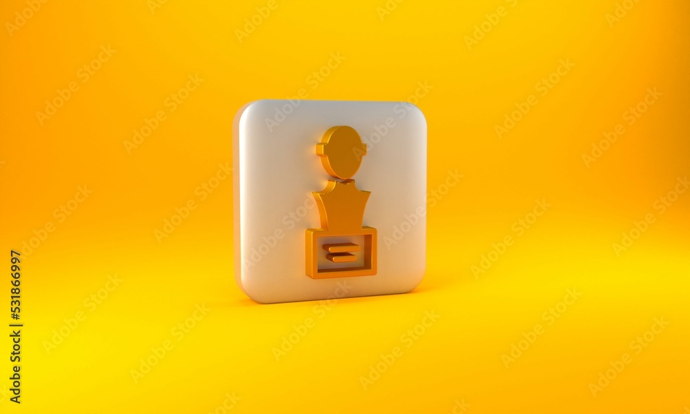 黄色背景上隔离的金色石膏头像半身像图标。银色方形按钮。3D渲染