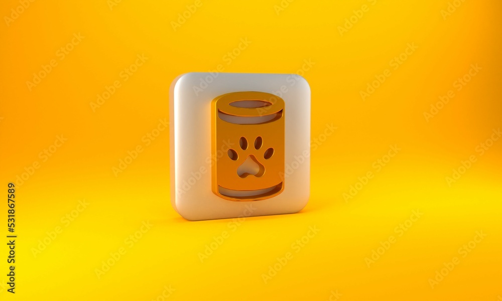 黄色背景上隔离的金色罐头食品图标。动物食品。宠物食品罐。银色方块b
