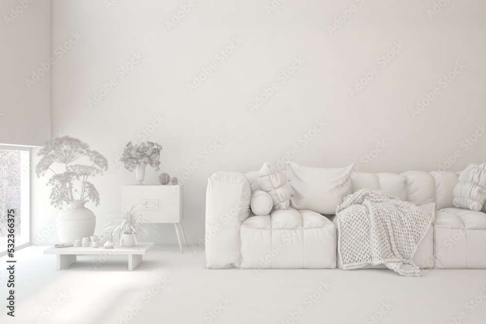 带沙发的白色时尚房间模型。斯堪的纳维亚室内设计。3D插图