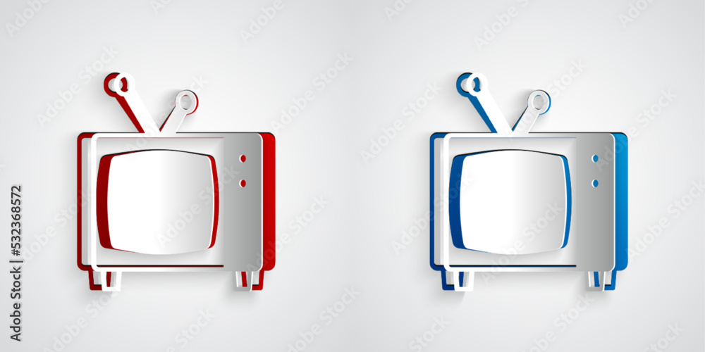 剪纸复古电视图标隔离在灰色背景上。电视标志。纸艺风格。矢量