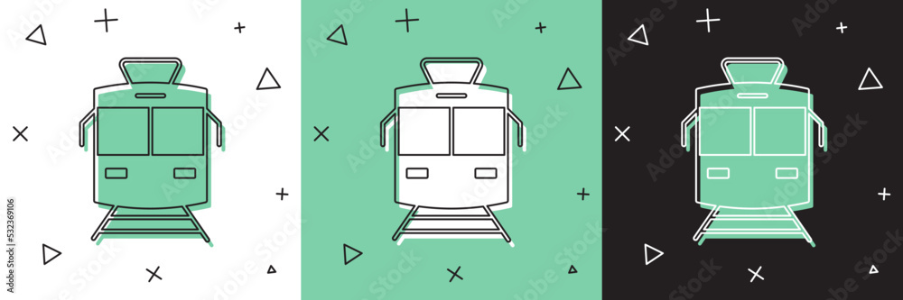 将有轨电车和铁路图标隔离在白、绿、黑背景上。公共交通符号