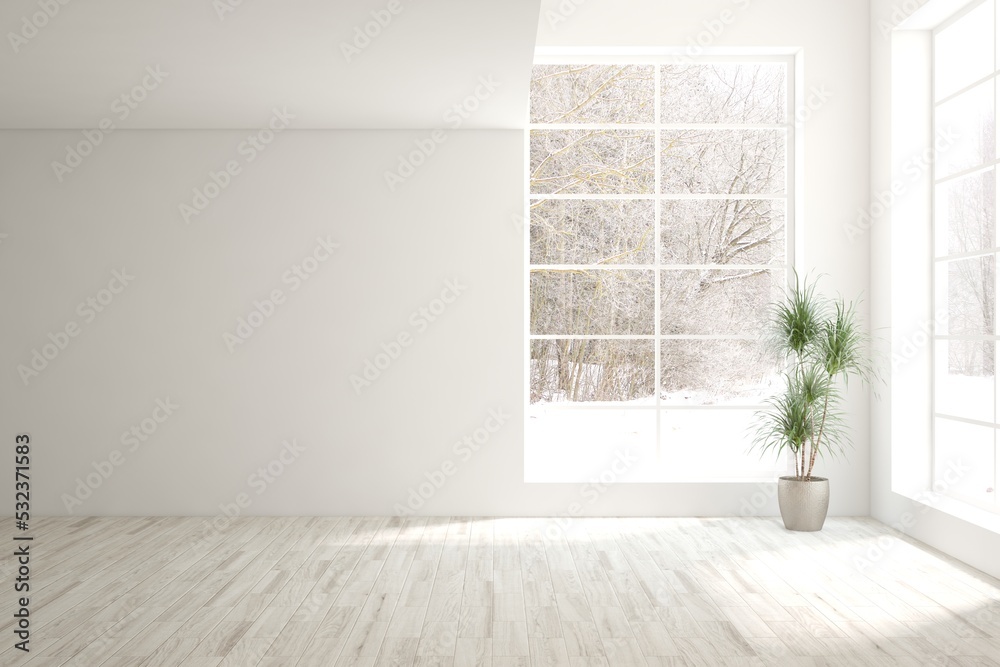 白色空房间的模型，窗户上有冬季景观。斯堪的纳维亚室内设计。