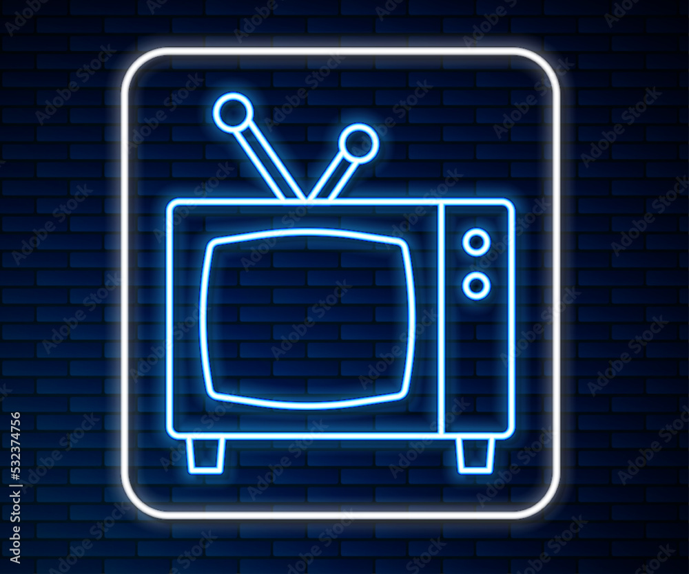 闪亮的霓虹灯线条复古电视图标隔离在砖墙背景上。电视标志。矢量