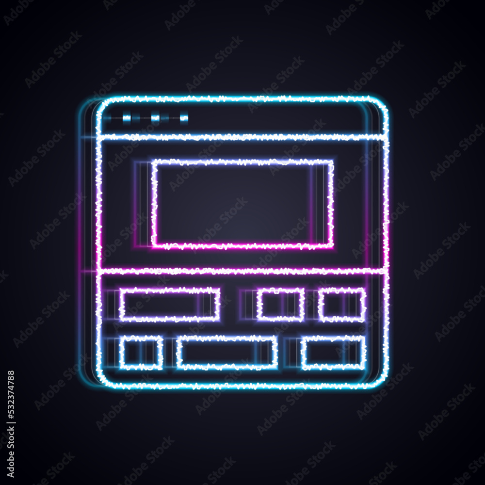 发光的霓虹灯线视频记录器或编辑软件在笔记本电脑图标上隔离在黑色背景上。视频