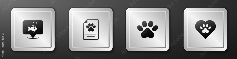 Set Fish，Medical clinical record pet，Paw print and Heart with animals footprint icon.银方块