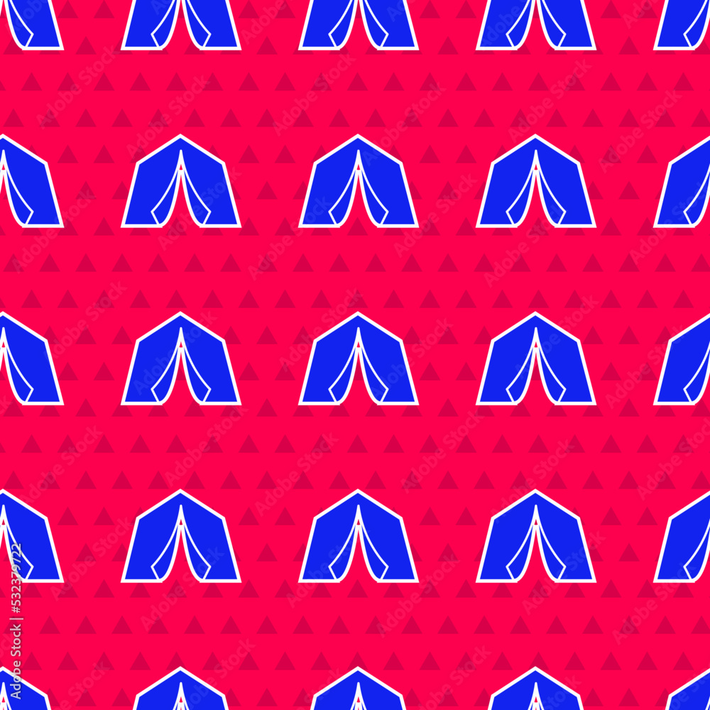蓝色旅游帐篷图标红色背景上的隔离无缝图案。露营符号。矢量