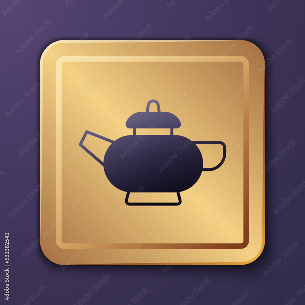 紫色背景下的紫色中国传统茶道图标。带杯子的茶壶。金色方形