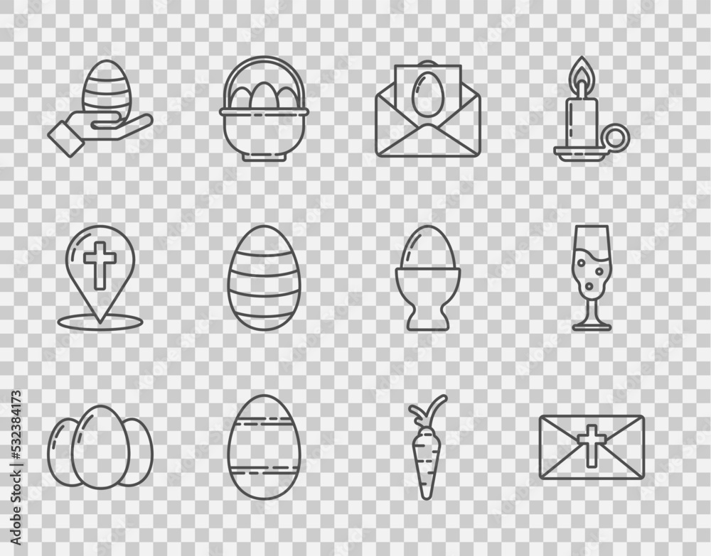 设置复活节彩蛋、带有快乐、人手和复活节、胡萝卜和酒杯图标的贺卡。V