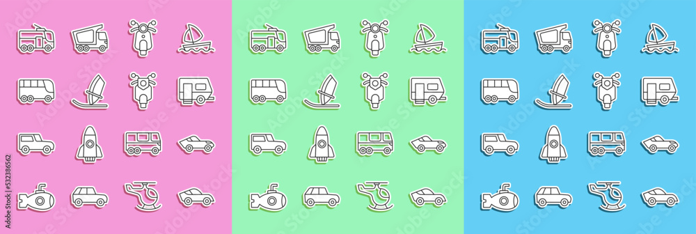 Set line Car, Rv Camping trailer, Scooter, Windsurfing, Bus, Trolleybus and icon. Vector