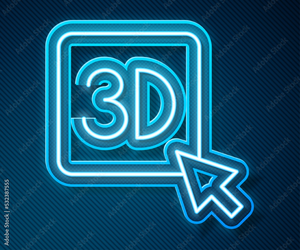 蓝色背景上隔离的发光霓虹线3D打印机图标。3D打印。矢量