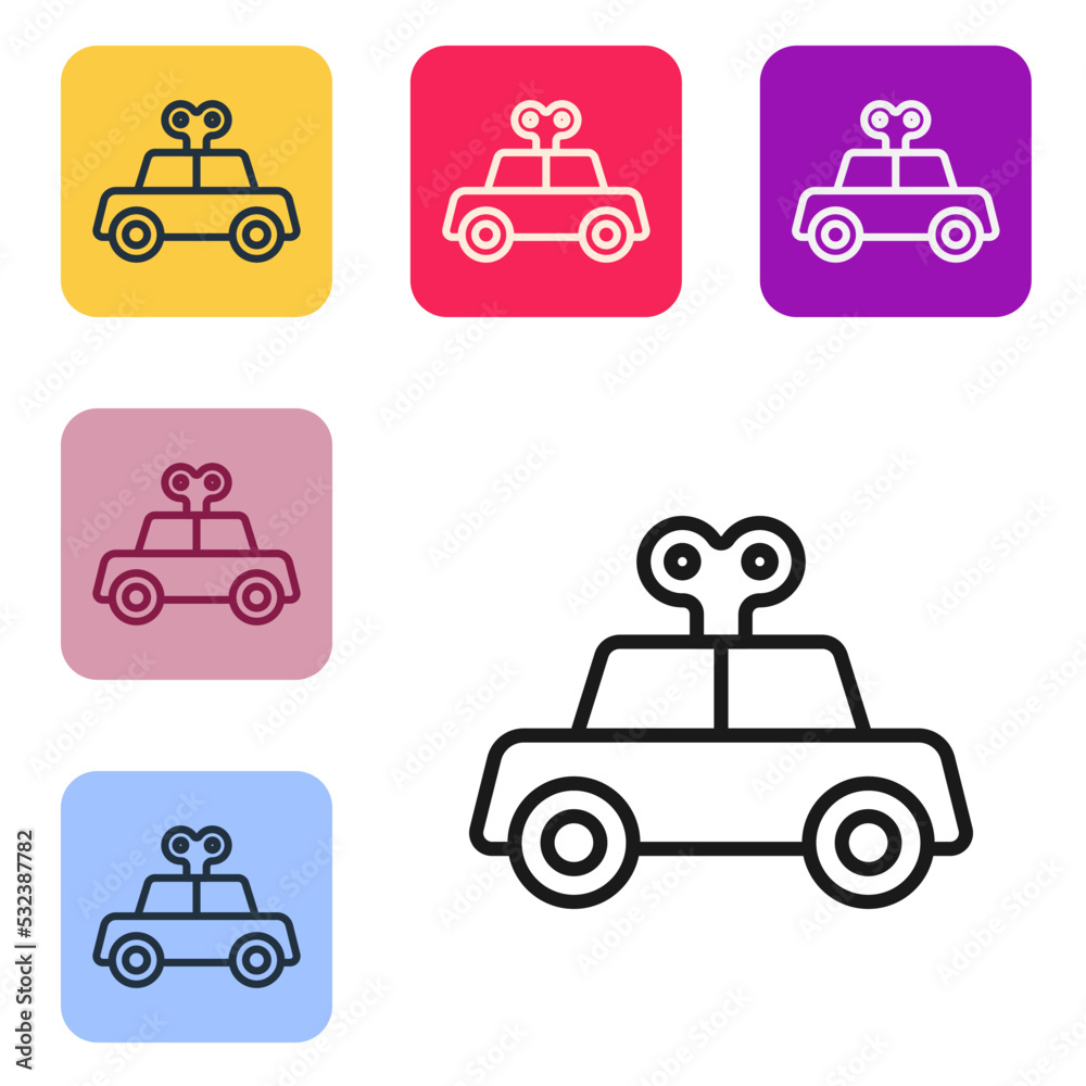 黑色线条玩具车图标隔离在白色背景上。将图标设置为彩色方形按钮。矢量