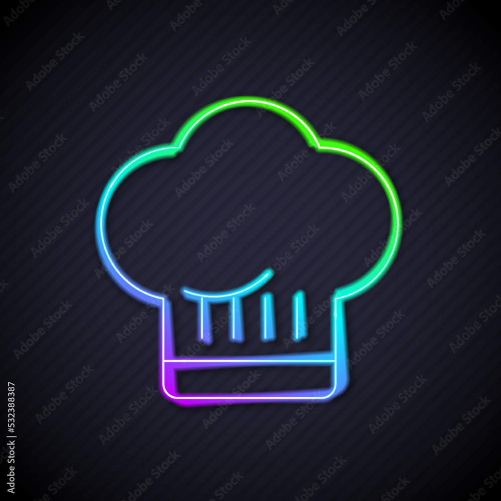 发光的霓虹灯线条厨师帽图标隔离在黑色背景上。烹饪符号。厨师帽。矢量