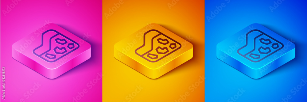 Isometric line Ground icon isolated on pink and orange, blue background. Square button. Vector
