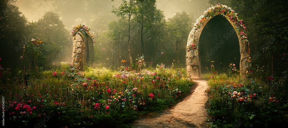 奇幻童话森林景观中间布满藤蔓的壮观拱门，雾蒙蒙的