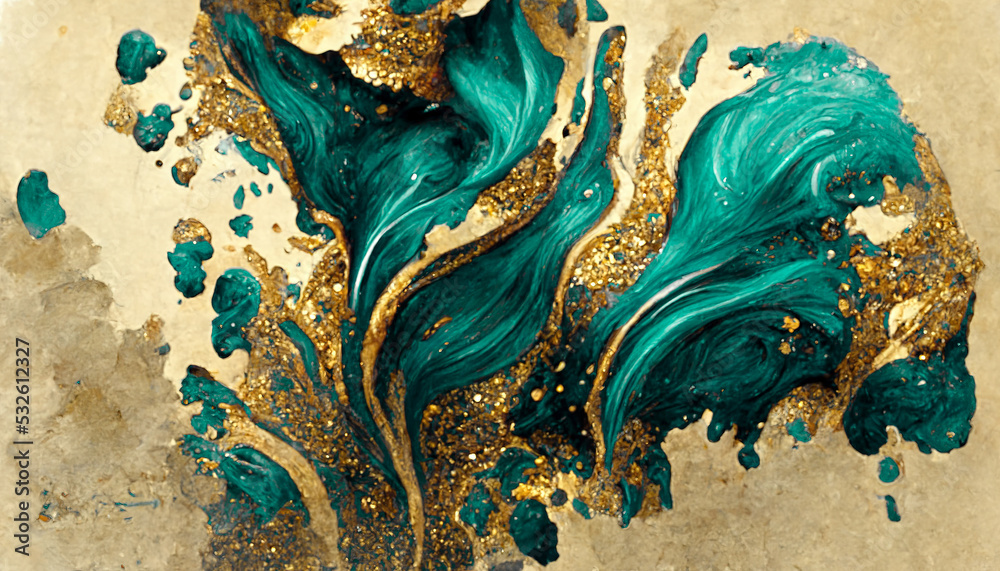 蓝绿色和金色漩涡的壮观逼真抽象背景。数字艺术3D插图