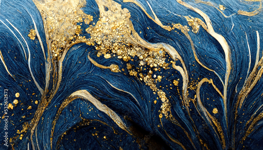 Spectacular high-quality abstract background of a whirlpool of dark blue and gold. Digital art 3D il