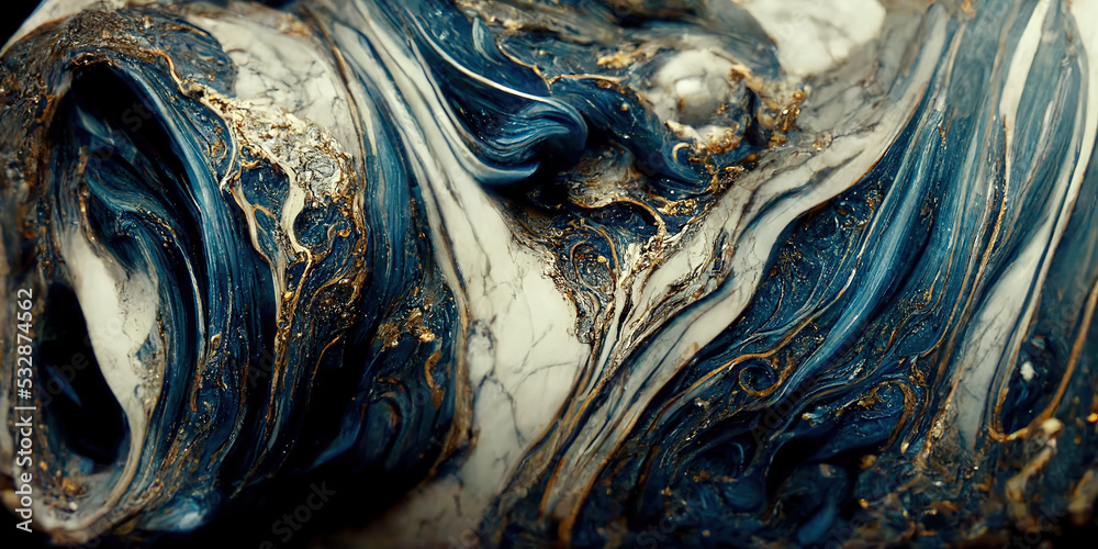 深蓝色和白色液体墨水搅拌在一起的壮观图像，具有逼真的纹理和