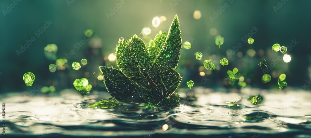 Fantasy setting with green leaves floating on blue crystal water with ripples and bokeh. Digital 3D 