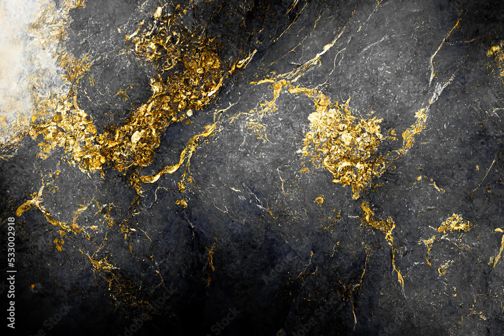 黑色和金色漩涡的壮观逼真抽象背景。数字艺术3D插图