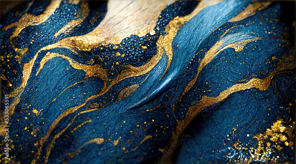 Spectacular high-quality abstract background of a whirlpool of dark blue and gold. Digital art 3D il