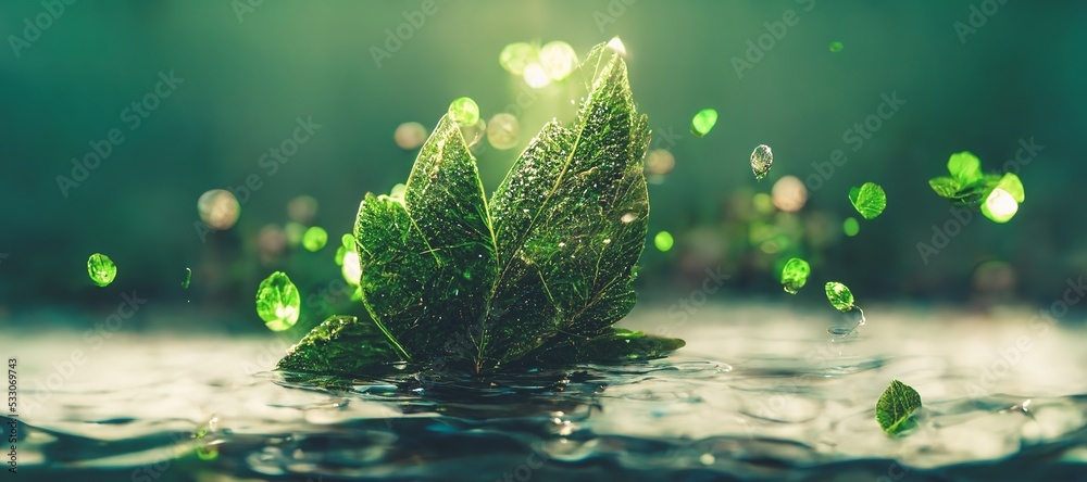 梦幻般的背景，绿色的叶子漂浮在蓝色的水晶水上，有波纹和散焦。数字3D
