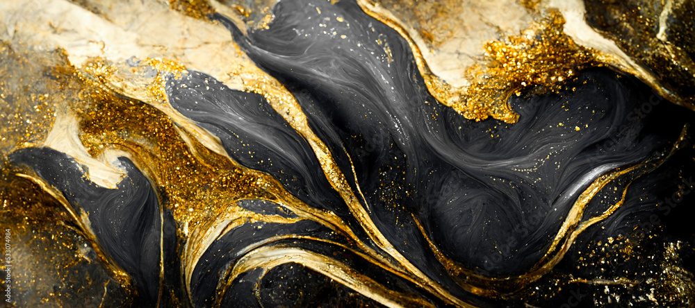 黑色和金色漩涡的壮观现实抽象背景。数字艺术3D插图