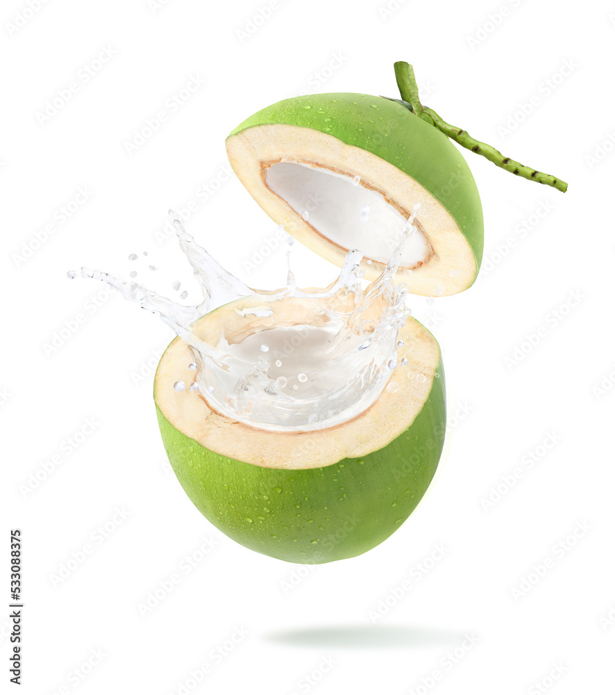 Coconut juice splashing isolated on white background. Clipping path.