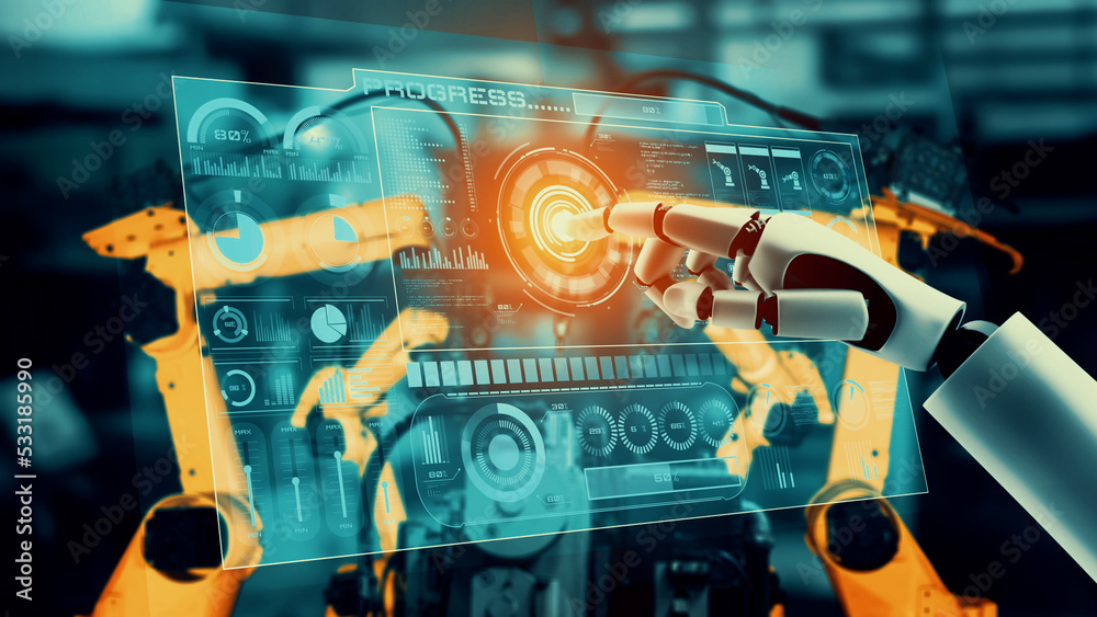 Cyberized工业机器人和用于工厂生产组装的机械臂。人工概念