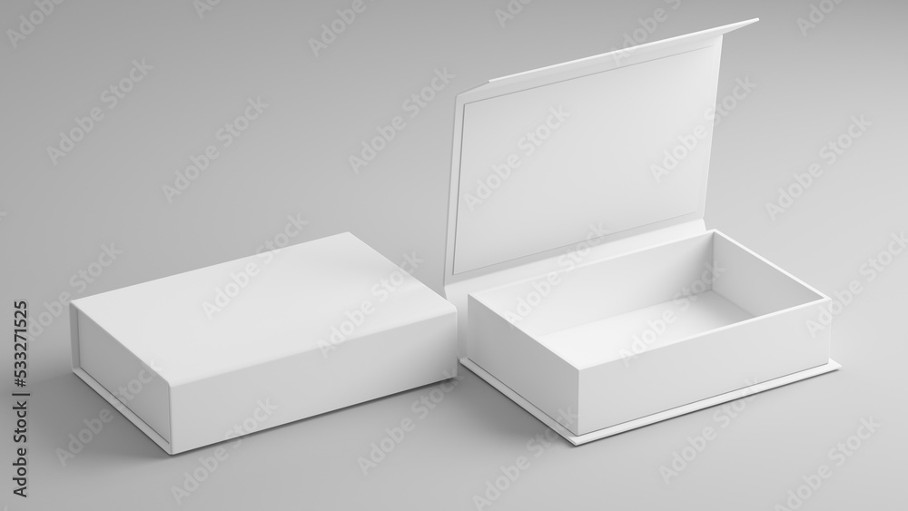 白色折叠礼盒-打开和关闭的礼盒。三维渲染模型。