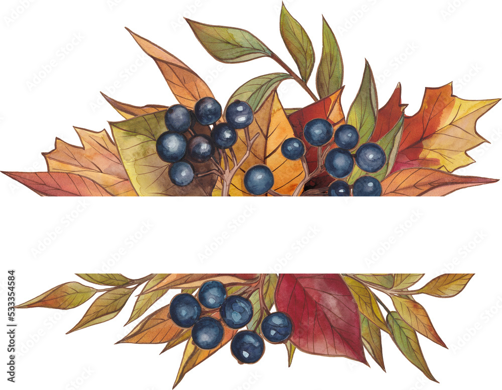 Watercolor colorfull autumn leaves with berries