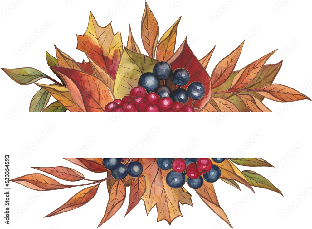 水彩画充满浆果的秋叶