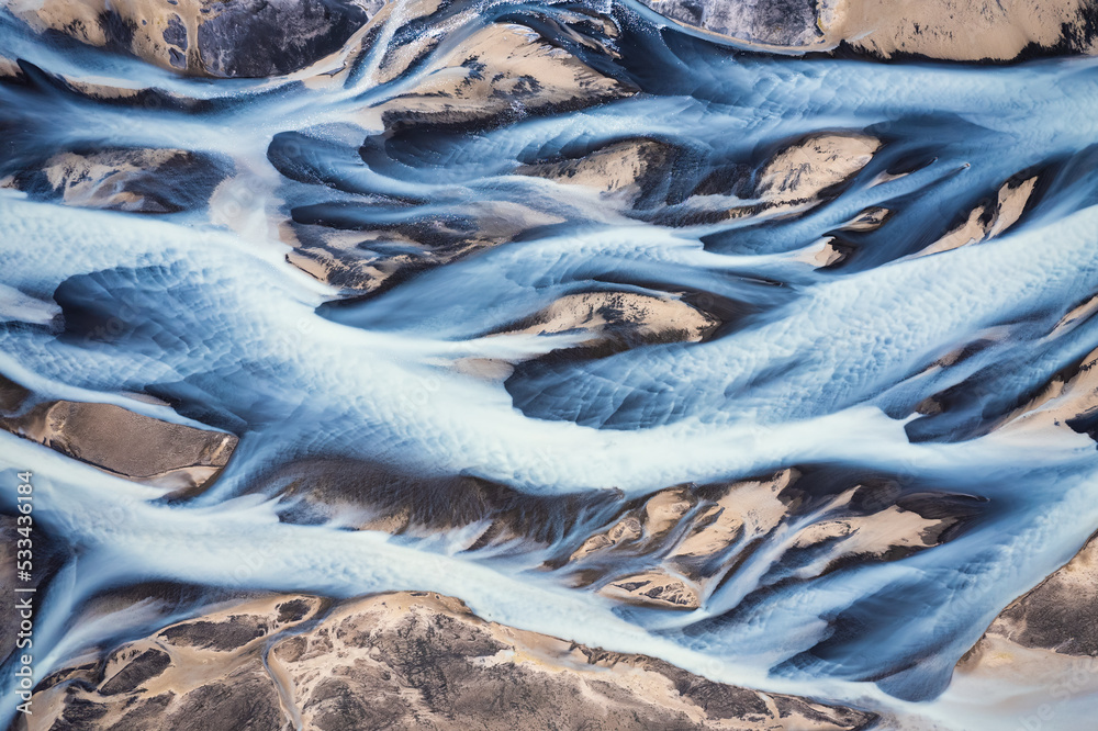 Abstract Icelandic glacier rivers melting pattern in summer at highlands of Iceland