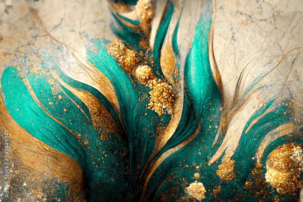 Spectacular realistic abstract backdrop of a whirlpool of teal and gold. Digital art 3D illustration
